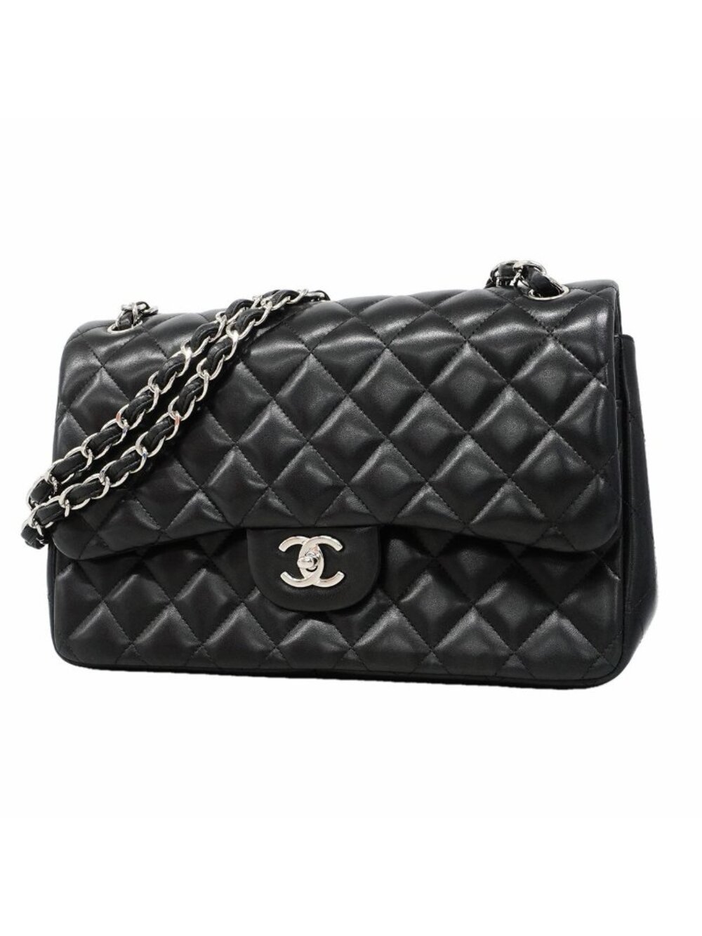 Chanel Shoulder Bag Maxi Quilted Lambskin Black Silver